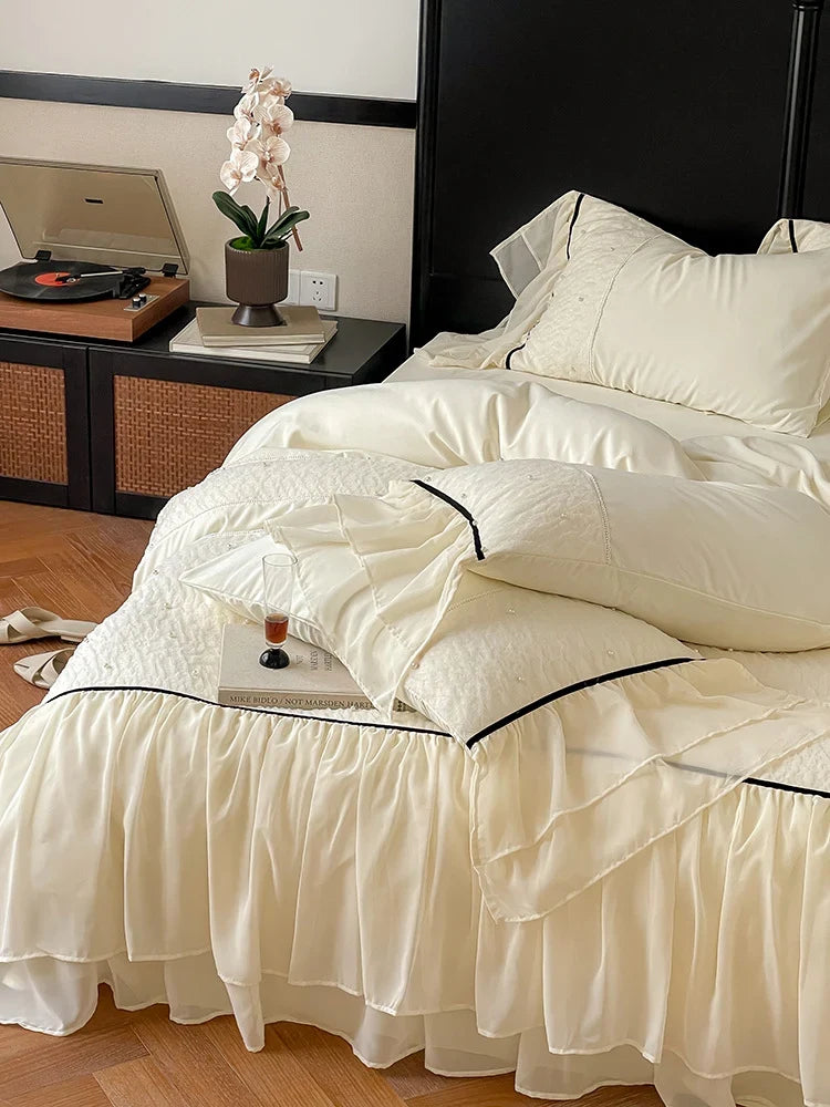 Bedding Set Cotton Satin & Chiffon Ruffles Contrast Piping