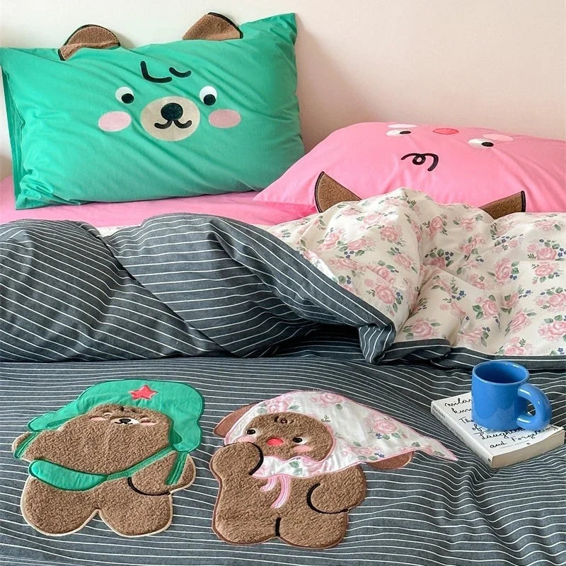 Bedding Set Cotton Satin Embroidered Bow Vichy Ruffle Hidden Zip