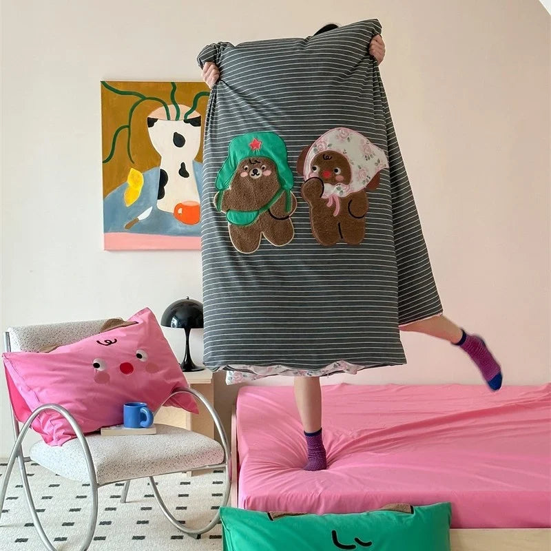 Bedding Set Cotton Satin Embroidered Bow Vichy Ruffle Hidden Zip