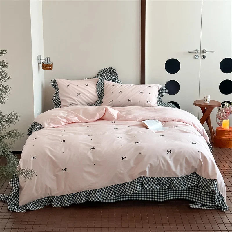 Bedding Set Cotton Satin Embroidered Bow Vichy Ruffle Hidden Zip