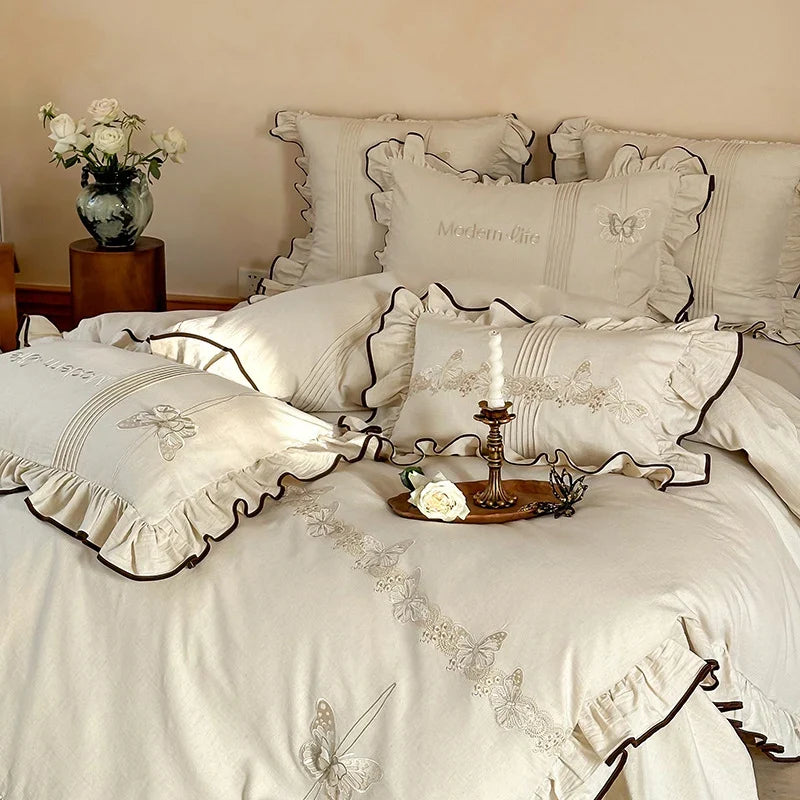 Bedding Set Cotton Satin Embroidered Butterfly Concealed Zipper