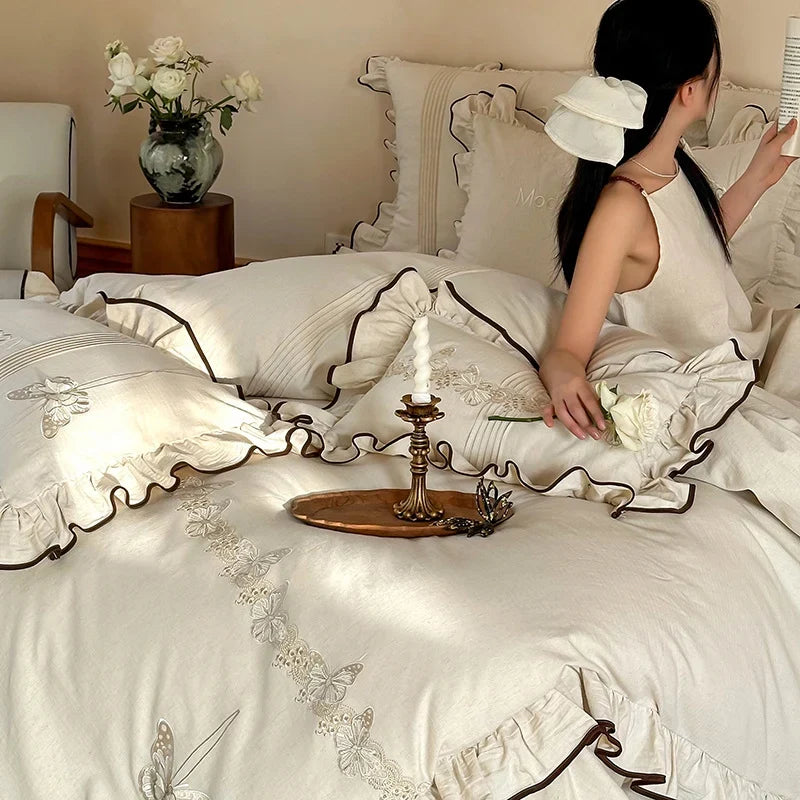 Bedding Set Cotton Satin Embroidered Butterfly Concealed Zipper