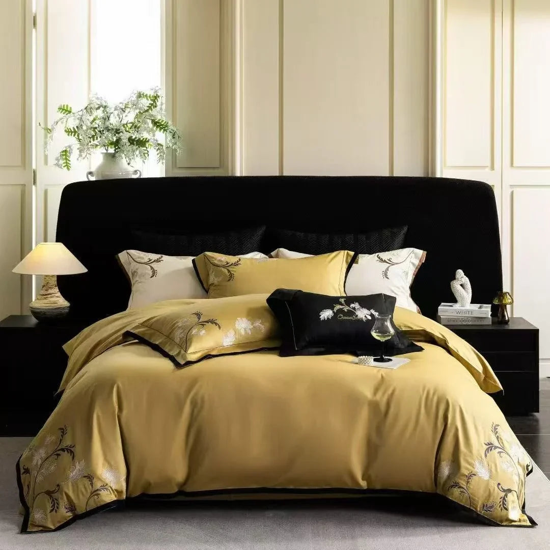 Bedding Set Cotton Satin Embroidered Contrast Piping
