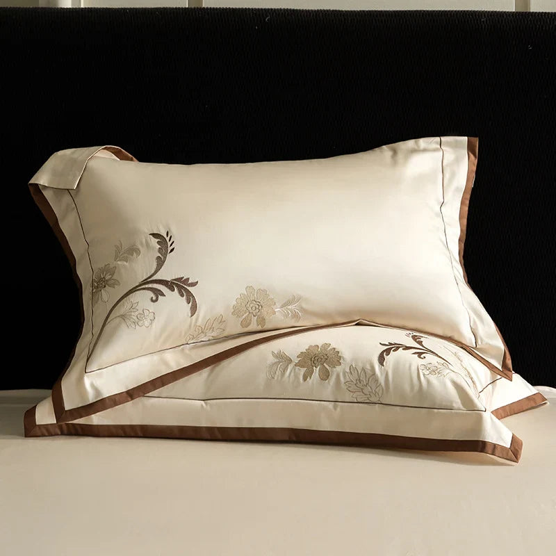 Bedding Set Cotton Satin Embroidered Contrast Piping