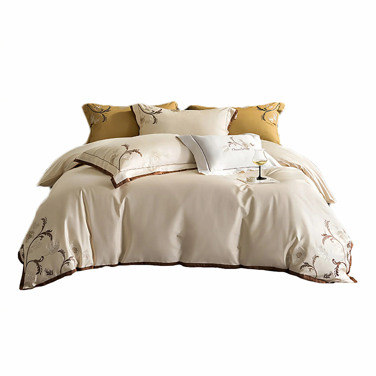 Bedding Set Cotton Satin Embroidered Contrast Piping