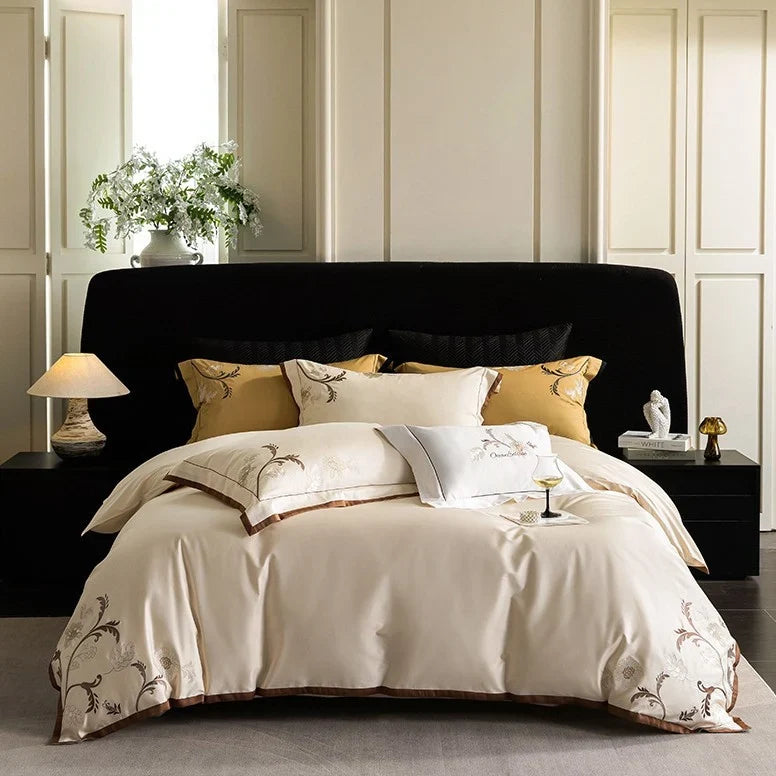 Bedding Set Cotton Satin Embroidered Contrast Piping