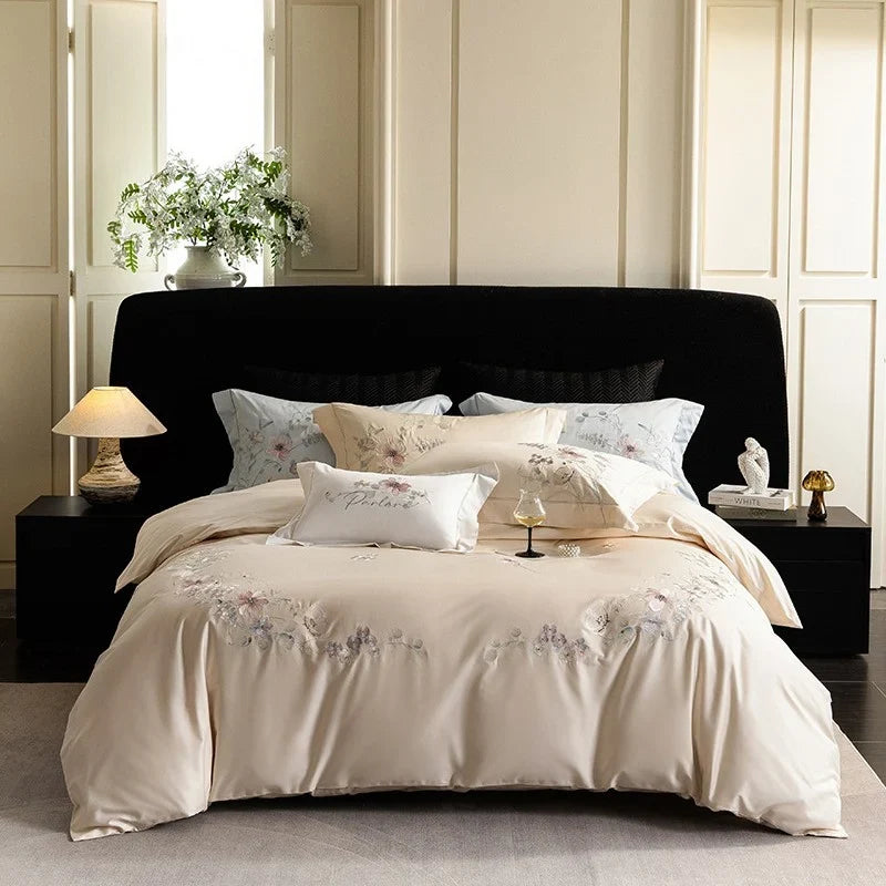 Bedding Set Cotton Satin Embroidered Contrast Piping