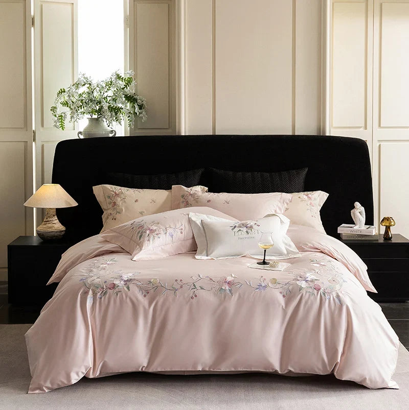 Bedding Set Cotton Satin Embroidered Contrast Piping