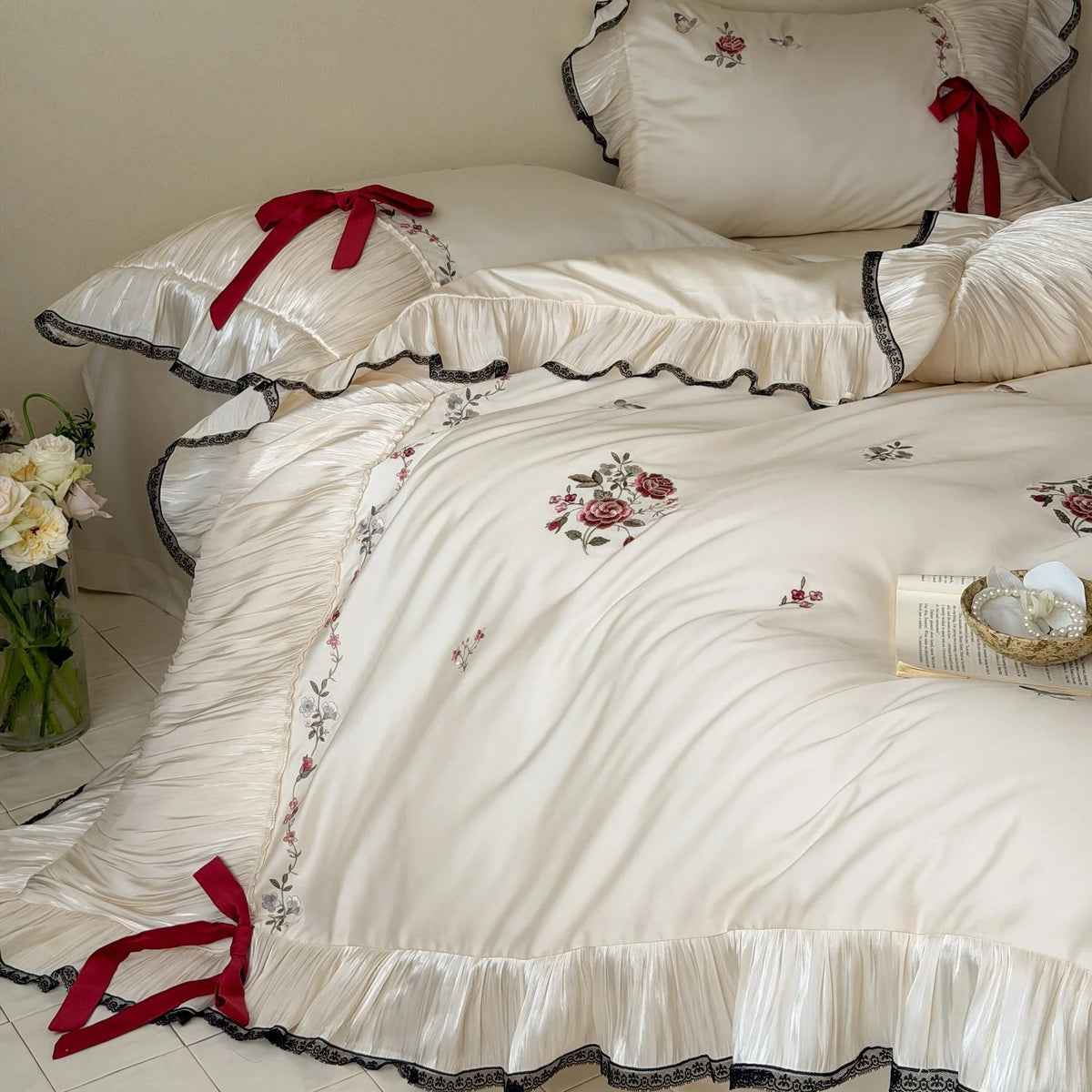 Bedding Set Cotton Satin Embroidered Floral 4-Piece