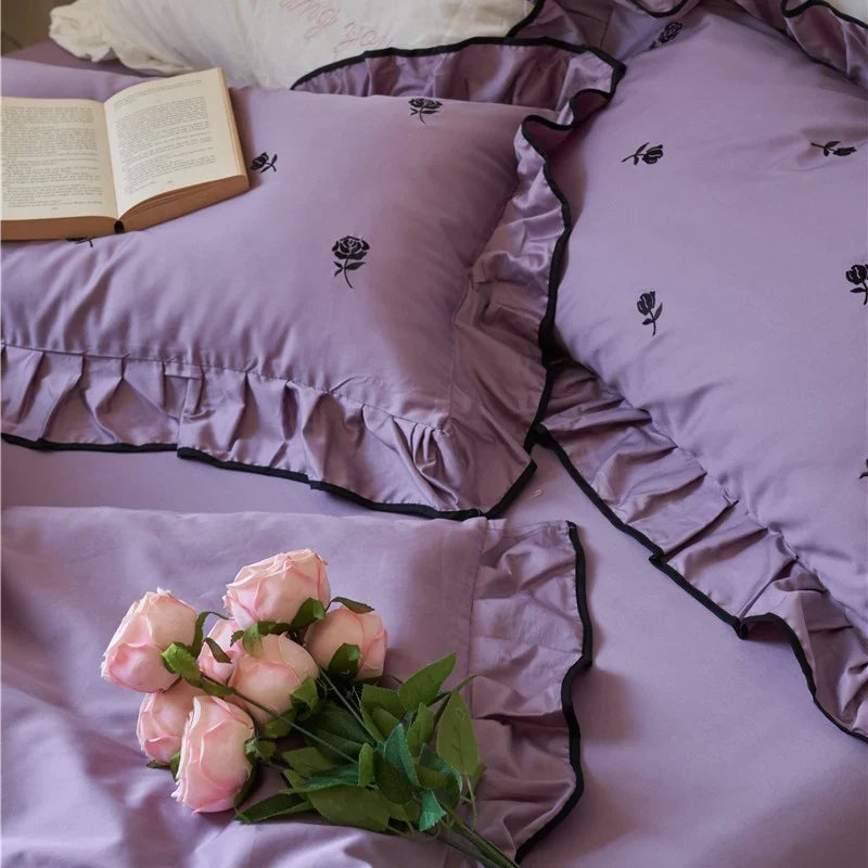 Bedding Set Cotton Satin Embroidered Rose Ruffle Trim