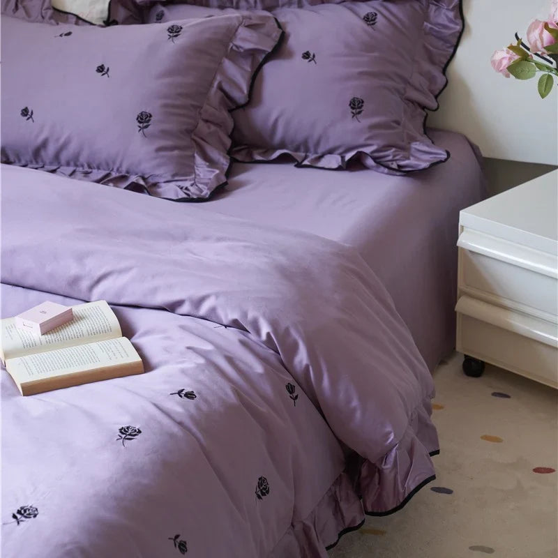 Bedding Set Cotton Satin Embroidered Rose Ruffle Trim