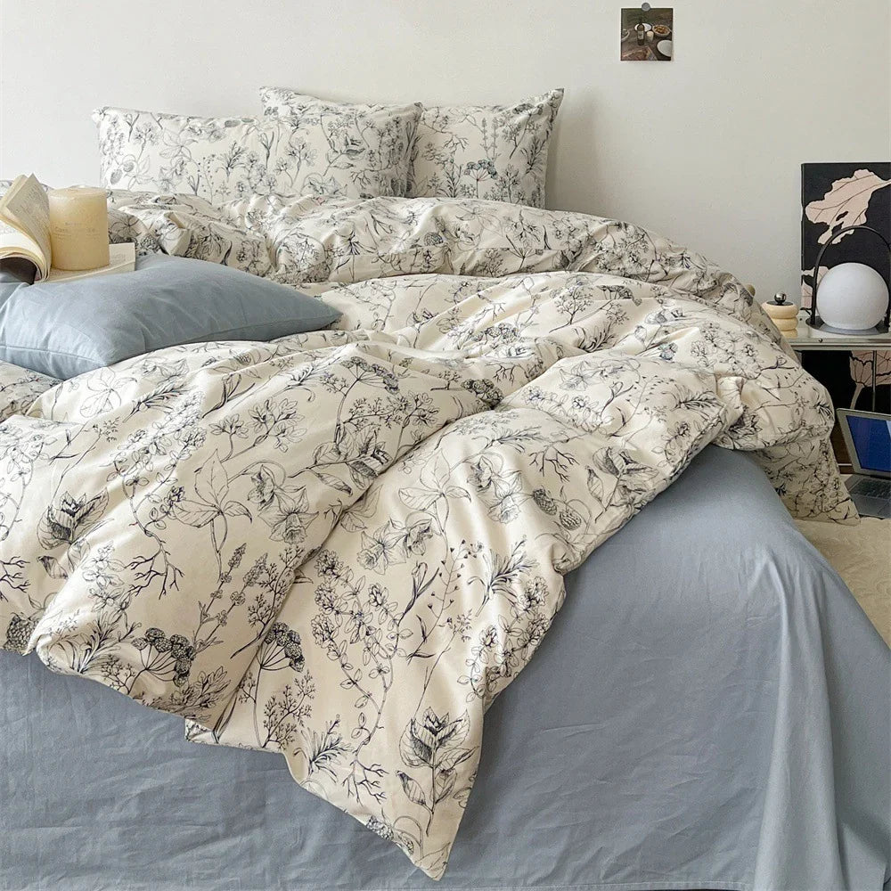 Bedding Set Cotton Satin Fine Botanical Sketch 4-Piece