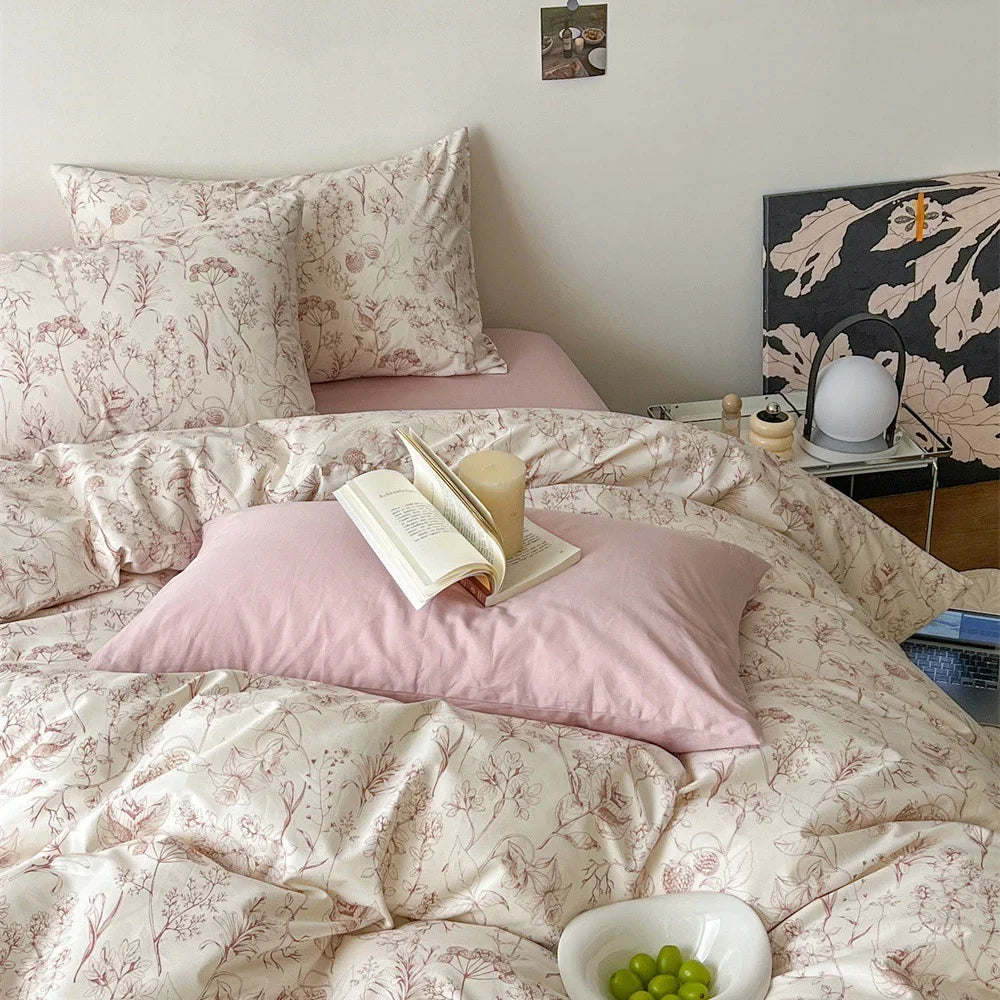 Bedding Set Cotton Satin Fine Botanical Sketch 4-Piece