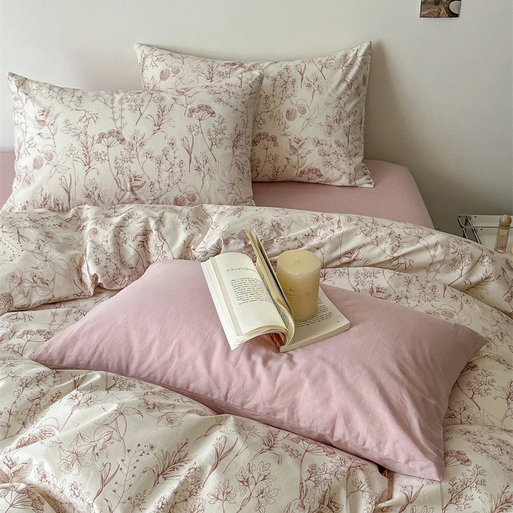 Bedding Set Cotton Satin Fine Botanical Sketch 4-Piece