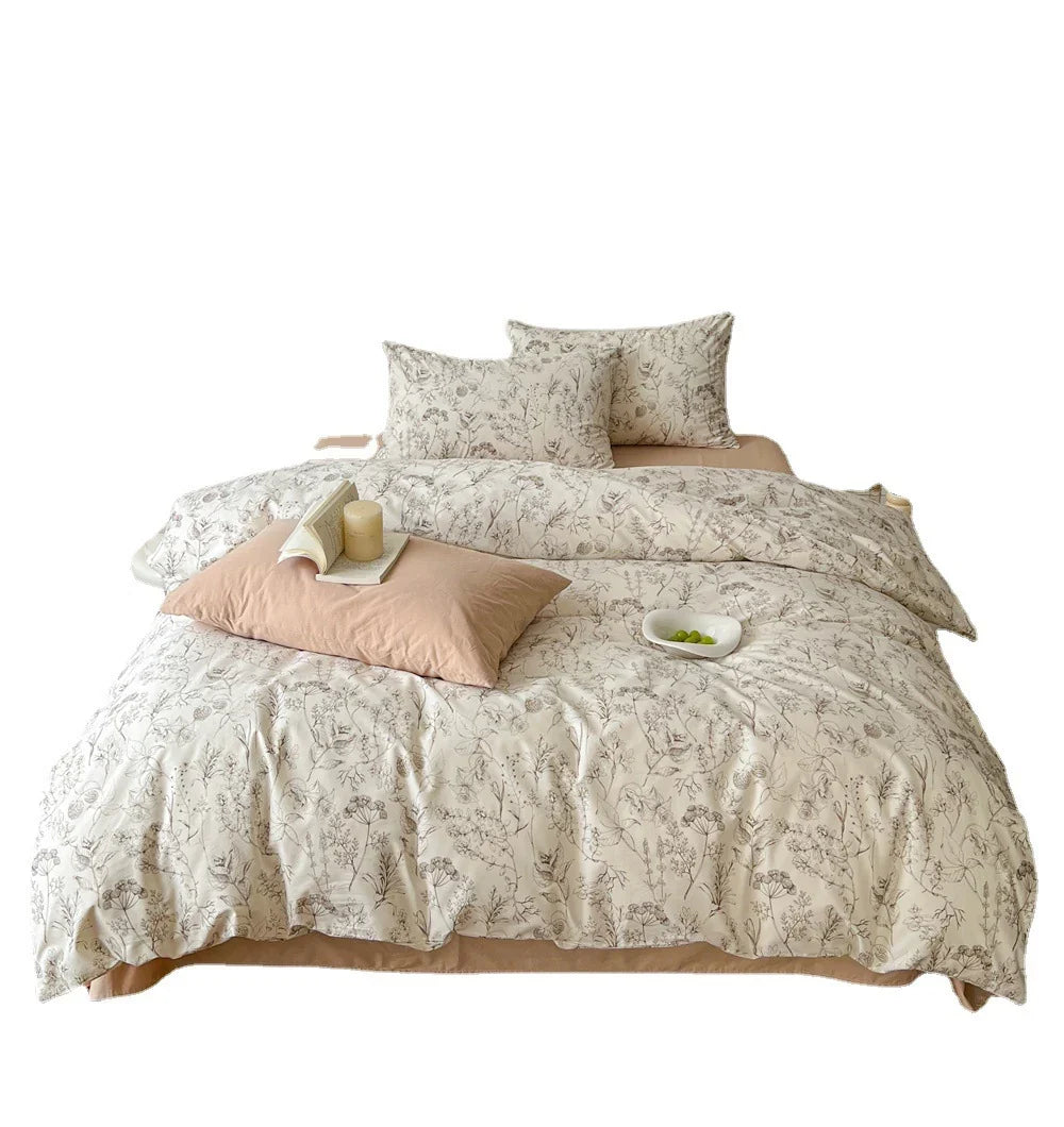 Bedding Set Cotton Satin Fine Botanical Sketch 4-Piece