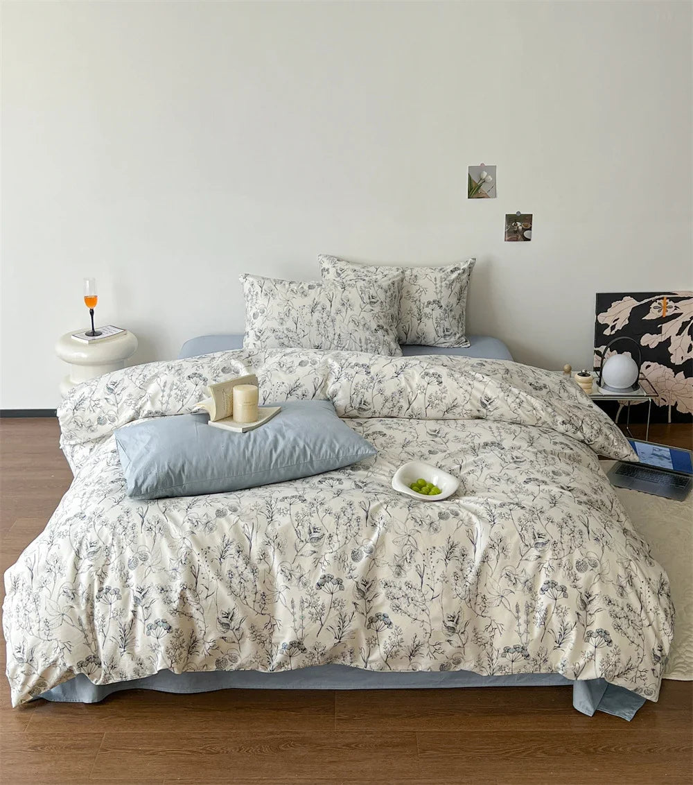 Bedding Set Cotton Satin Fine Botanical Sketch 4-Piece