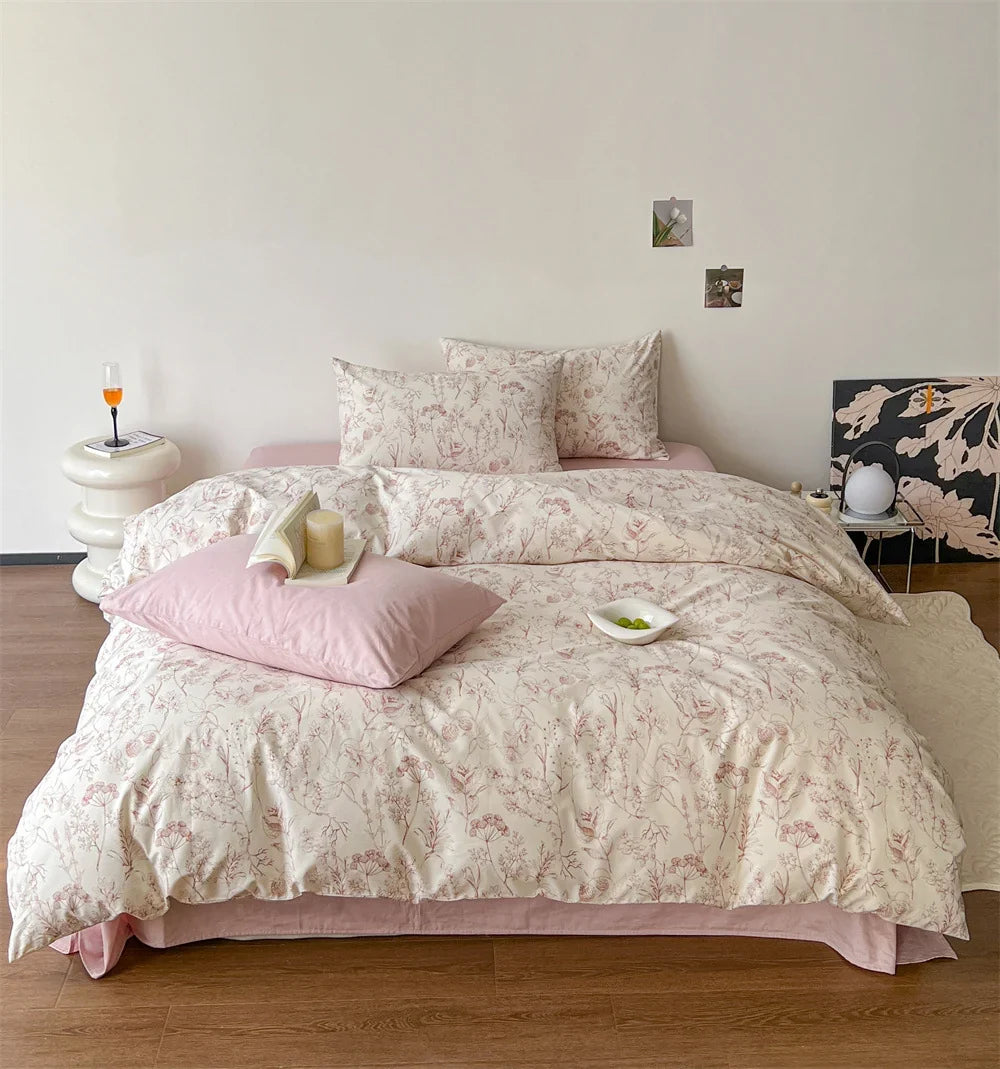Bedding Set Cotton Satin Fine Botanical Sketch 4-Piece