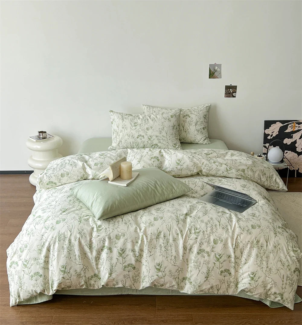 Bedding Set Cotton Satin Fine Botanical Sketch 4-Piece