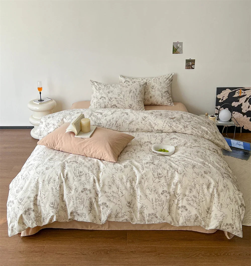 Bedding Set Cotton Satin Fine Botanical Sketch 4-Piece