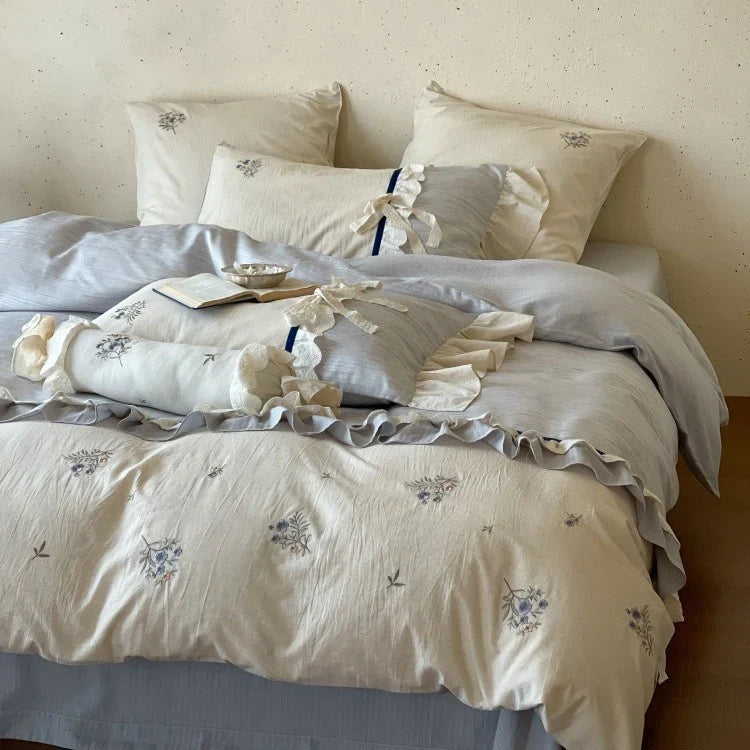 Bedding Set Cotton Satin Floral Embroidered & Ruffled