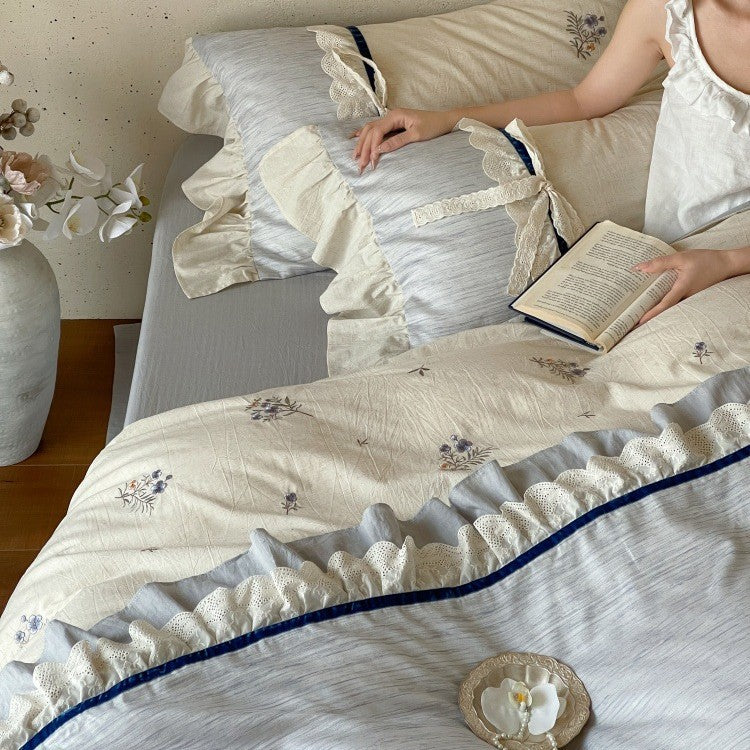 Bedding Set Cotton Satin Floral Embroidered & Ruffled