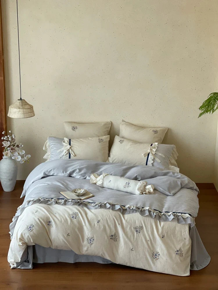 Bedding Set Cotton Satin Floral Embroidered & Ruffled