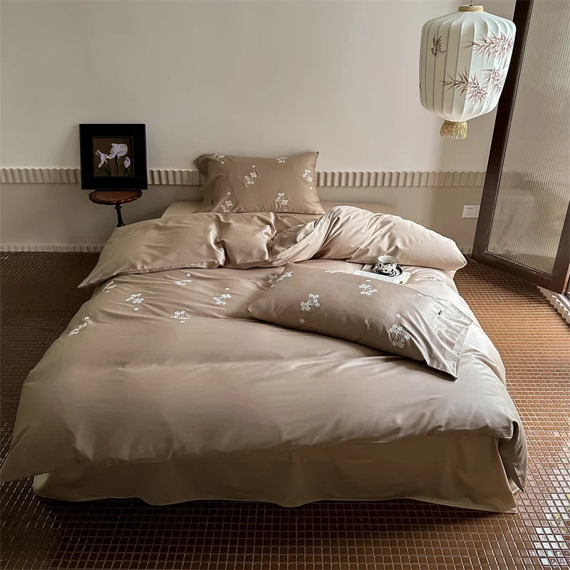 Bedding Set Cotton Satin Floral Embroidery