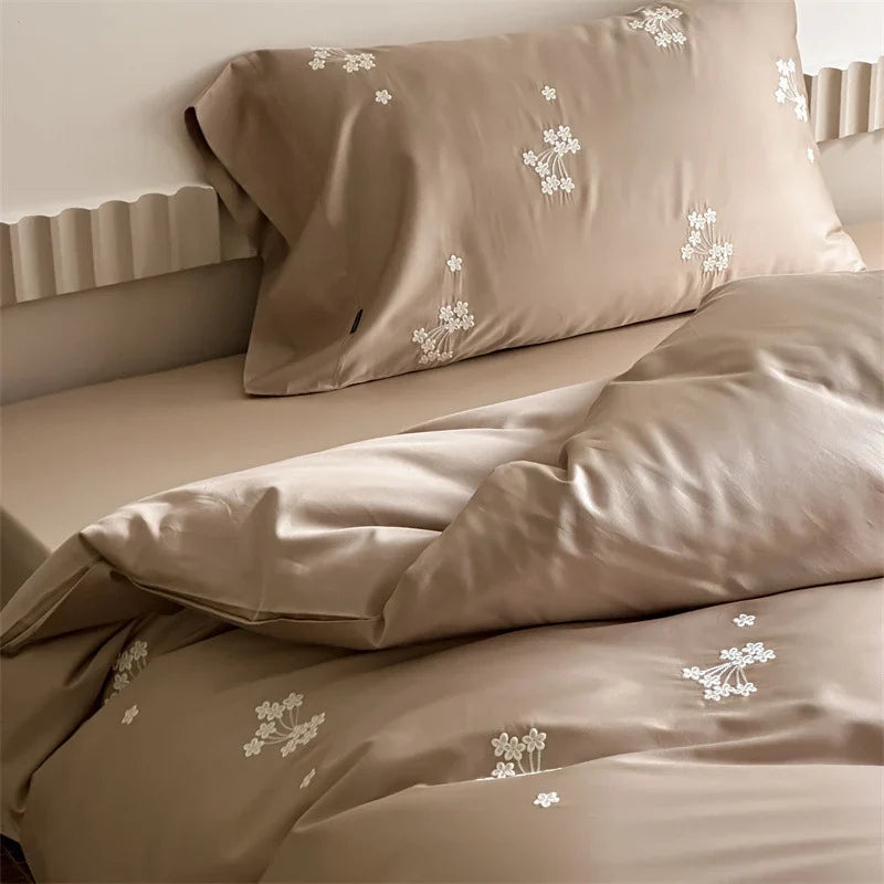 Bedding Set Cotton Satin Floral Embroidery