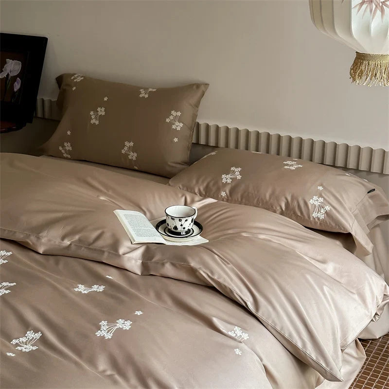 Bedding Set Cotton Satin Floral Embroidery