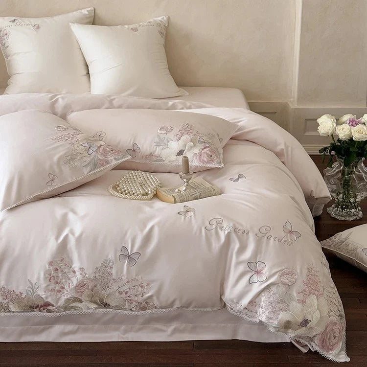 Bedding Set Cotton Satin Floral Embroidery & Lace 4-Piece
