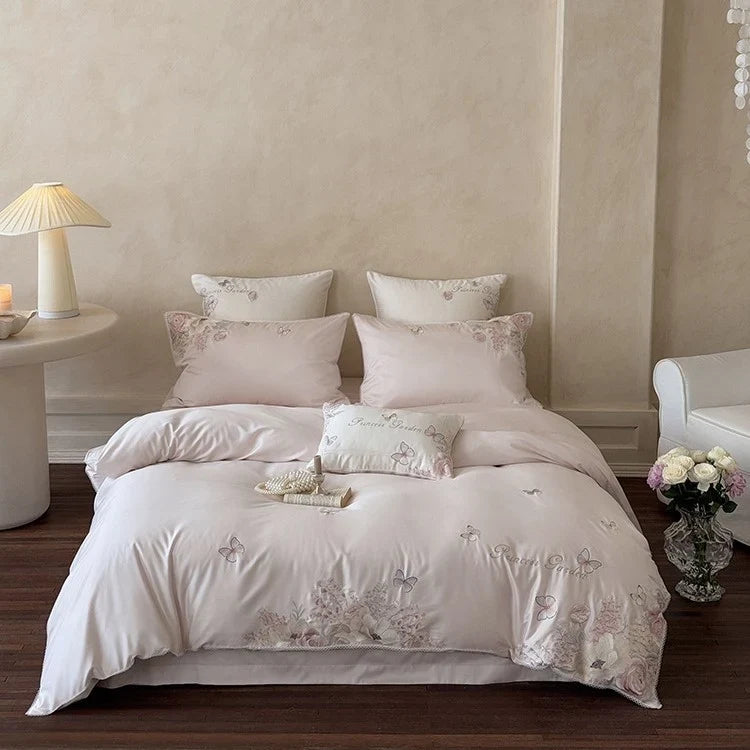 Bedding Set Cotton Satin Floral Embroidery & Lace 4-Piece