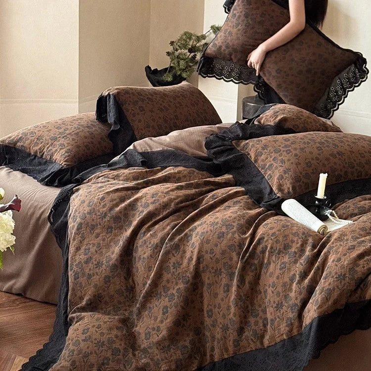Bedding Set Cotton Satin Floral Lace 4-Piece