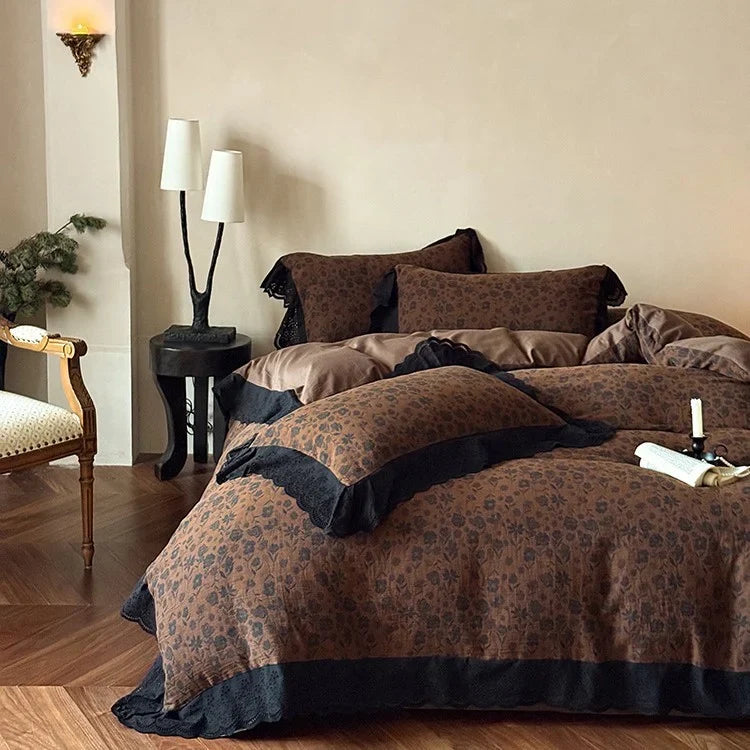 Bedding Set Cotton Satin Floral Lace 4-Piece