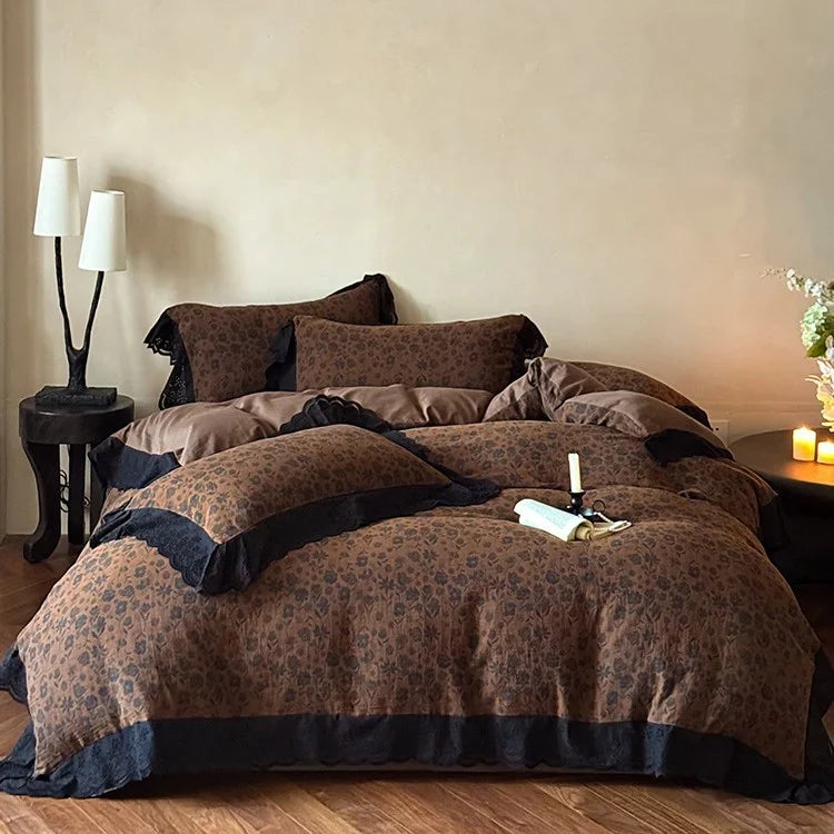 Bedding Set Cotton Satin Floral Lace 4-Piece