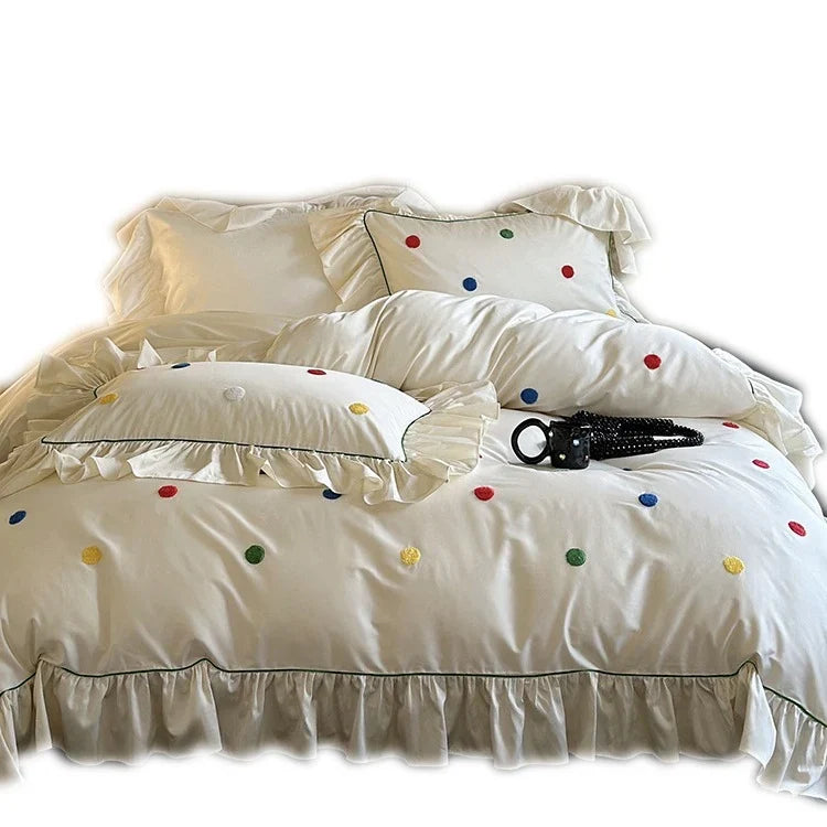 Bedding Set Cotton Satin Hand-Embroidered Dots 4-Piece