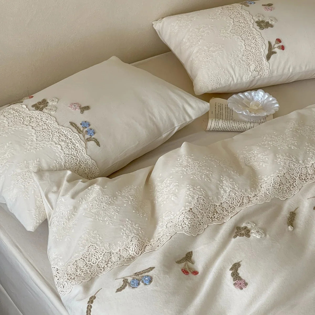 Bedding Set Cotton Satin Hand-Embroidered Floral & Lace Trim