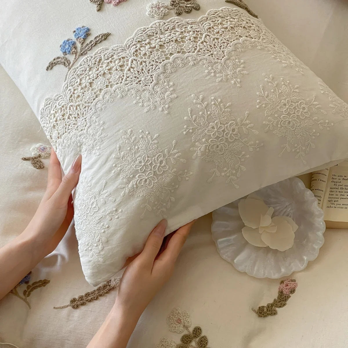 Bedding Set Cotton Satin Hand-Embroidered Floral & Lace Trim