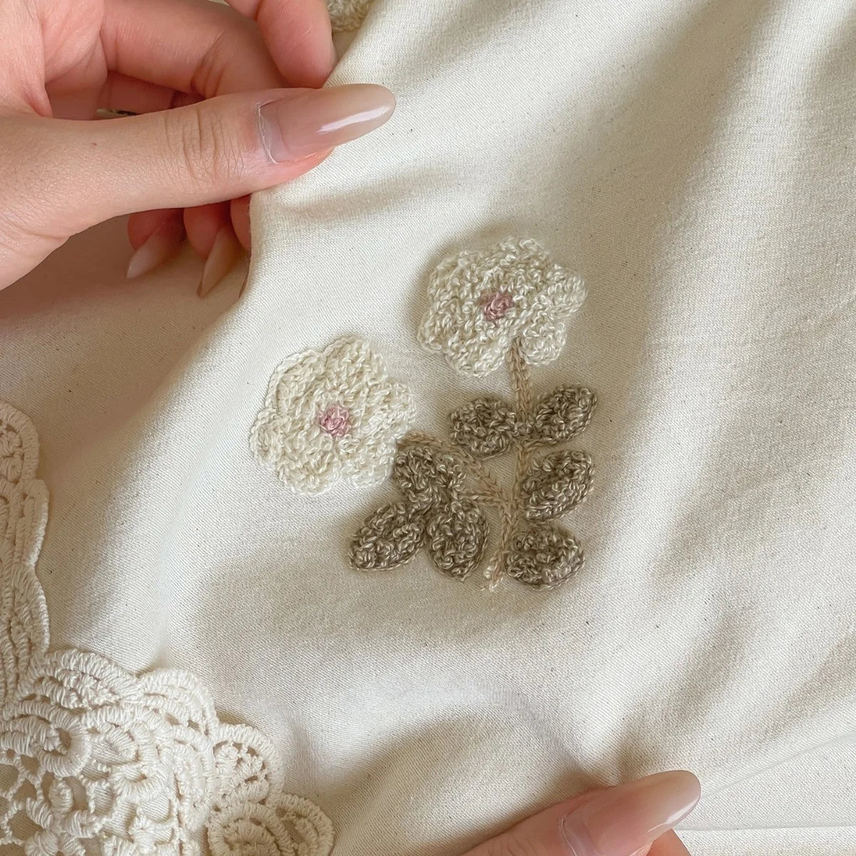 Bedding Set Cotton Satin Hand-Embroidered Floral & Lace Trim