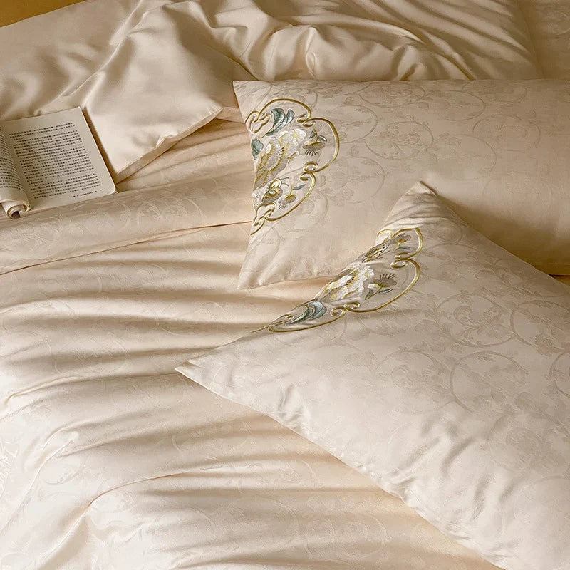 Bedding Set Cotton Satin Jacquard Comforter & Embroidered Pillowcases
