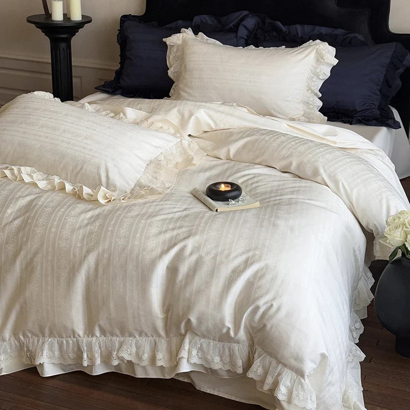 Bedding Set Cotton Satin Jacquard Ruffle & Lace Trim