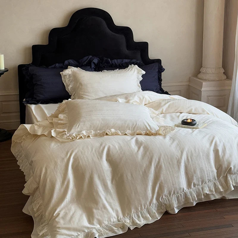 Bedding Set Cotton Satin Jacquard Ruffle & Lace Trim