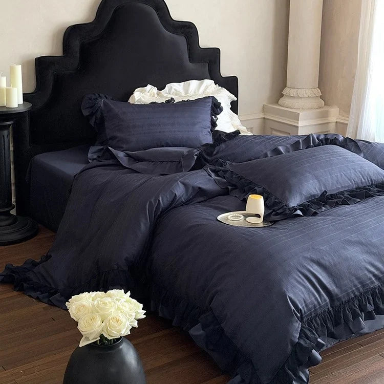 Bedding Set Cotton Satin Jacquard Ruffle & Lace Trim