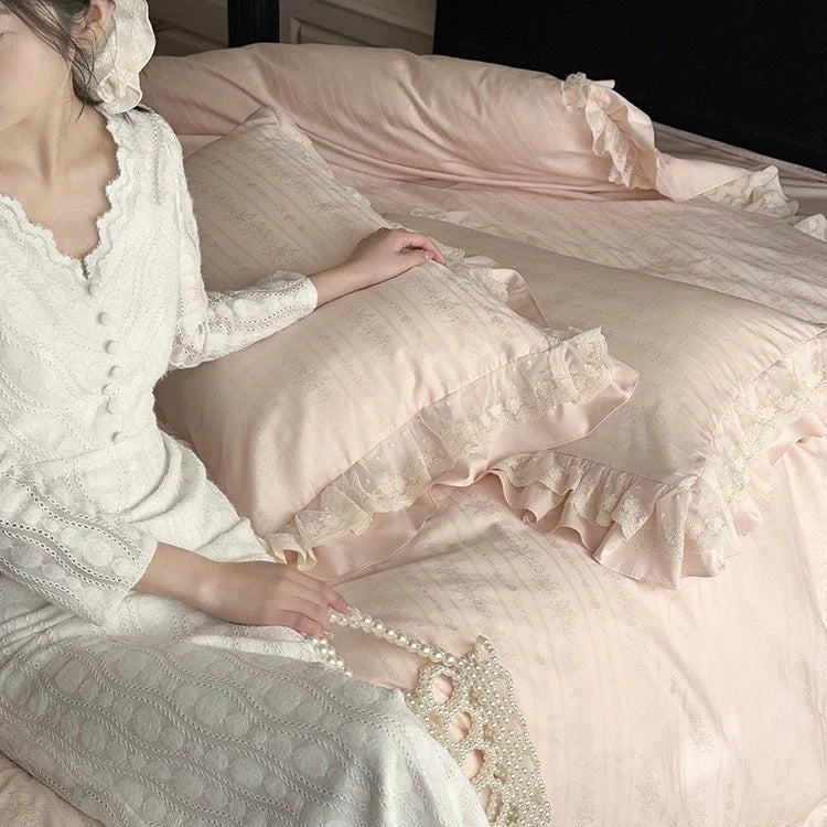 Bedding Set Cotton Satin Jacquard Ruffle & Lace Trim