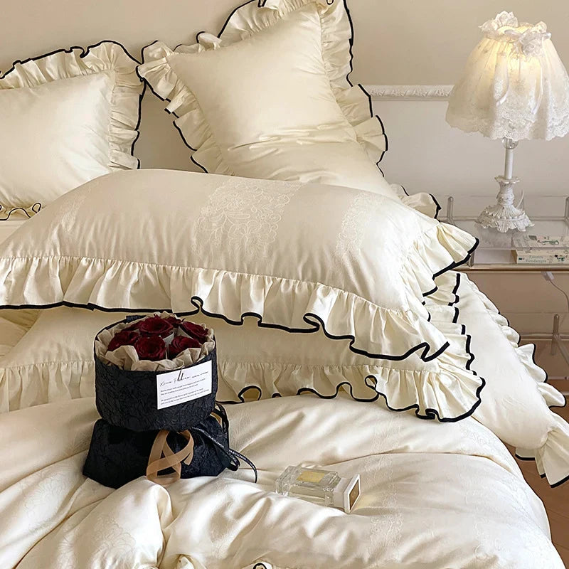Bedding Set Cotton Satin Jacquard Ruffled Breathable Four Piece