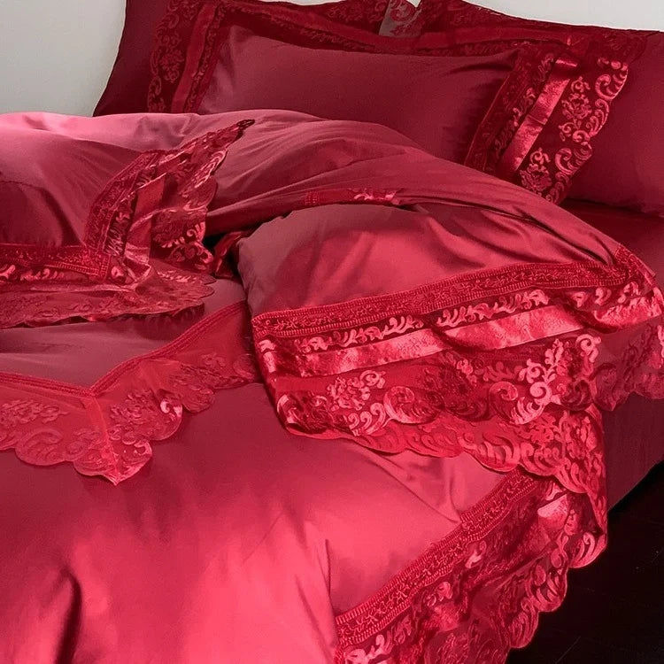 Bedding Set Cotton Satin Jacquard Ruffled Edges & Concealed Zippers