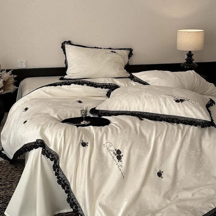 Bedding Set Cotton Satin Lace Trim & Rose Embroidery
