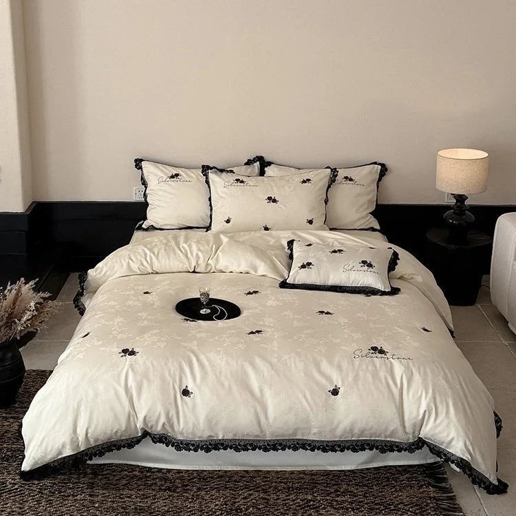Bedding Set Cotton Satin Lace Trim & Rose Embroidery