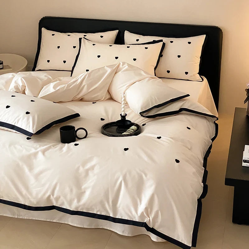 Bedding Set Cotton Satin Reversible Delicate Embroidery & Piping