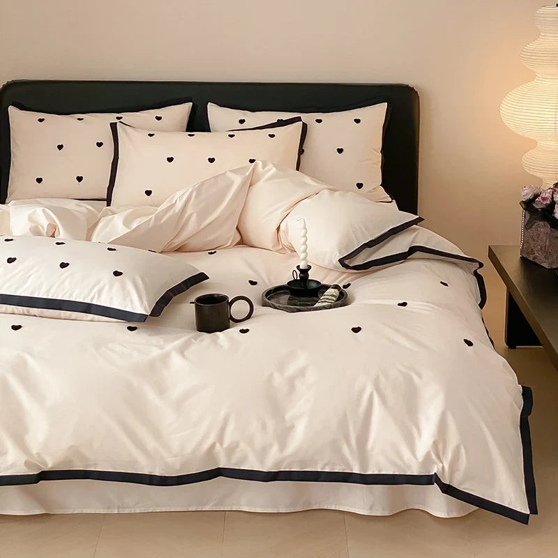 Bedding Set Cotton Satin Reversible Delicate Embroidery & Piping