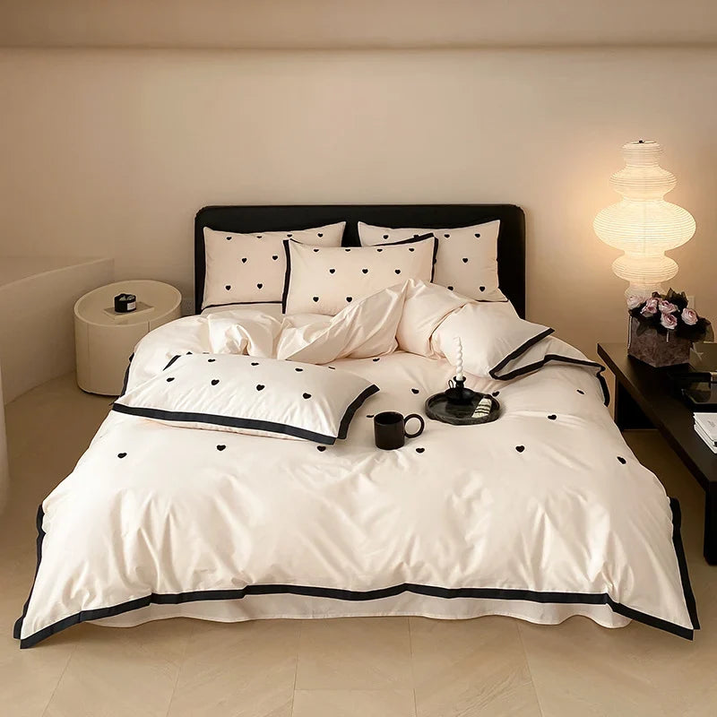 Bedding Set Cotton Satin Reversible Delicate Embroidery & Piping